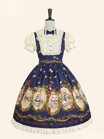 Wonderland Alice Floral Print Dark Blue Lolita OP Puff Sleeves - Stars Fall on the Foggy Island