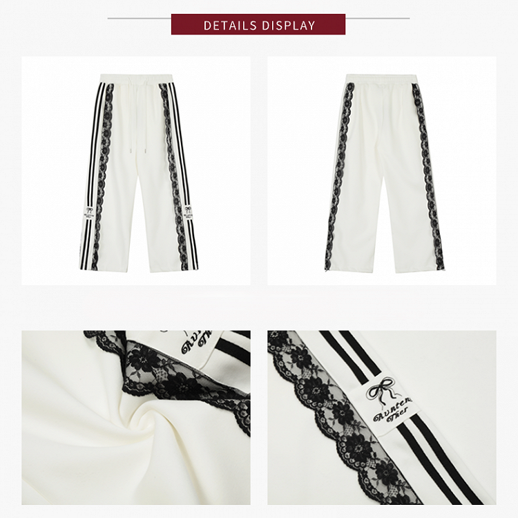 Embroidery White/Black/Blue with Lace Wide-Leg and Bow Pants Trim