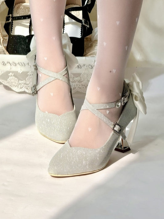 Toe Lolita PU Heels - High Silver Pointed Sparkling