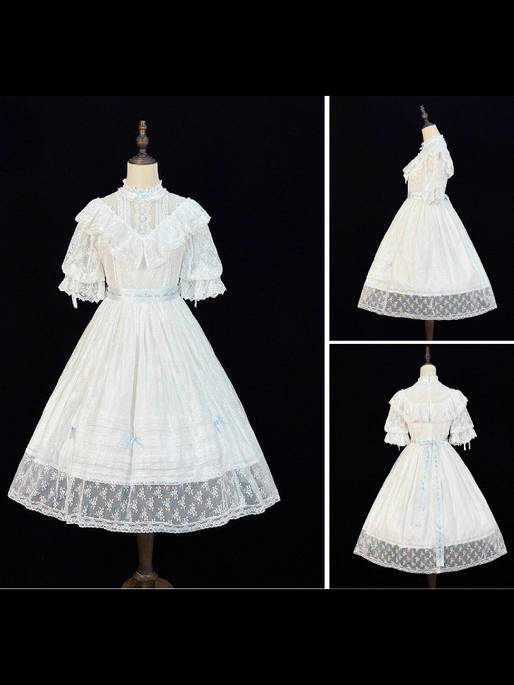 Blue and White Lolita OP Gown with Edward Collar, Sheer Lace and Ribbon Trims - Miss Cube Dressworks