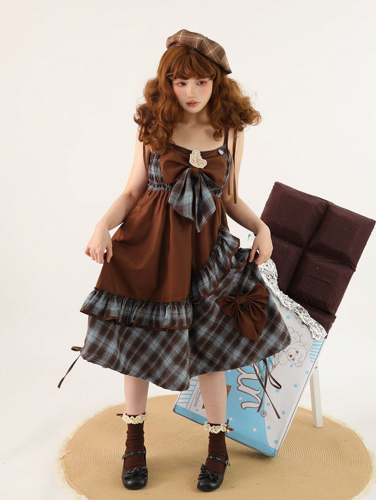 and Dress Asymmetrical Sweet Ruffles Brown Lolita Bow with Accents JSK Blue Plaid