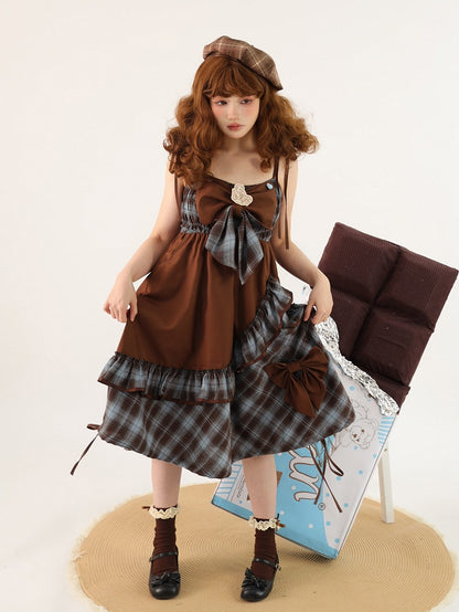 and Dress Asymmetrical Sweet Ruffles Brown Lolita Bow with Accents JSK Blue Plaid