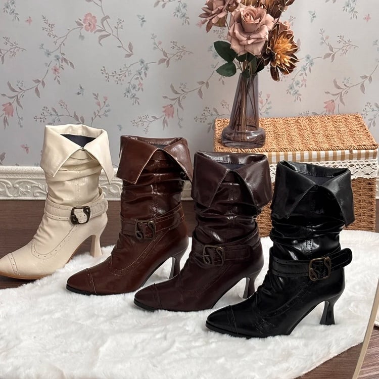Dark Brown PU Elegant Lolita Stacked Boots Slip-In Pointed Toe Foldable Cuff Buckle Accents - Dita Lolita Shoes