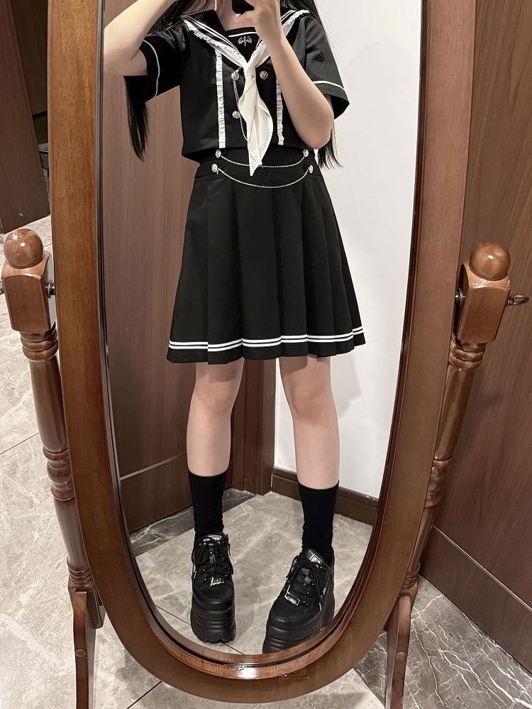 JK Uniform Short/Long Sleeves Black Sailor Collar Preppy Top Style