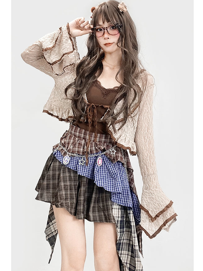 ミラードチェック柄ブラウンスカート ティアードファッション アシンメトリーヘムパターン