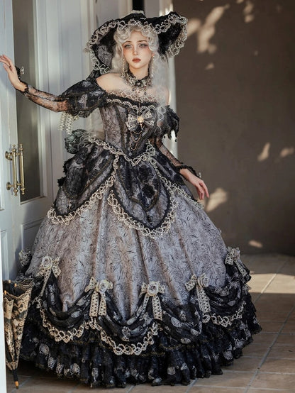 Lolita Gray Long Off-Shoulder Gown Lace Details with Ruffles Version Layered and Hime Hanayome Black Bow