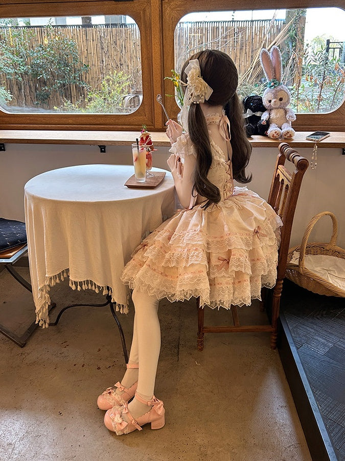 Details Dress Lace Jacquard with Lolita Pink Bow Princess Multi-Layered