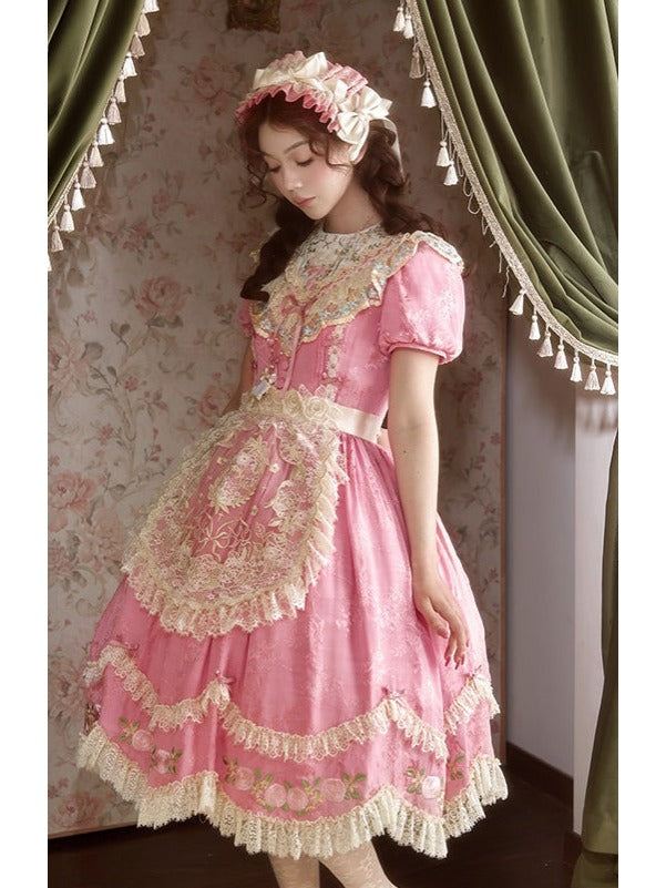 Pink Floral Embroidered Lolita OP Gown with Scalloped Lace Edge