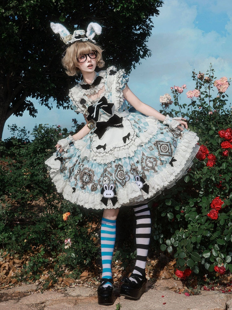 Blue White Alice Wonderland Sweet Lolita OP Dress Set - Untitled Heartbeat