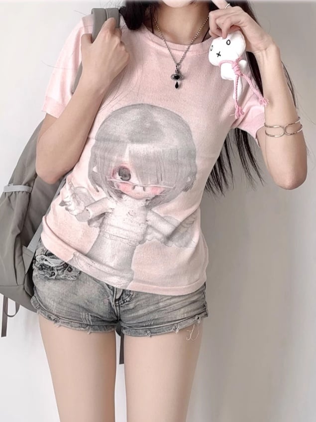 ネックBJDドールプリントスリムフィットTシャツピンクラウンド