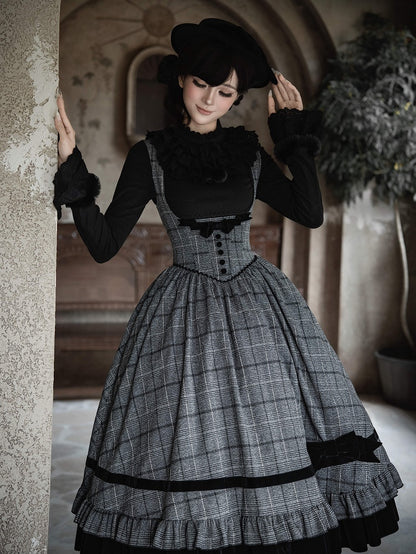 Black Dress Gray Waist Plaid Lolita Ruffle Elegant Boned Under and with Hem Bust