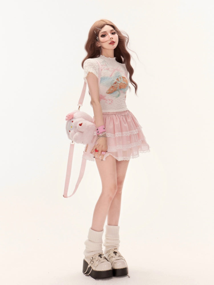 プリントニットTシャツ ホワイト モックネック スイート ボウノット