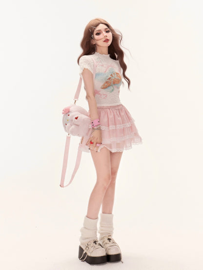 プリントニットTシャツ ホワイト モックネック スイート ボウノット