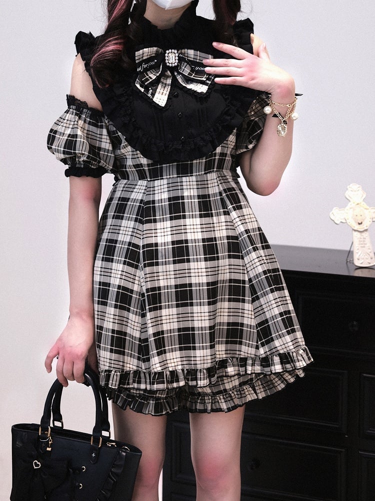 + 3-in-1 Set: Design Jirai Convertible Beige Kei Shorts Sleeve Black | Dress Plaid