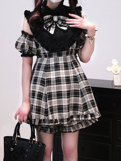 + 3-in-1 Set: Design Jirai Convertible Beige Kei Shorts Sleeve Black | Dress Plaid