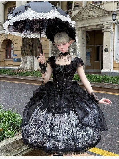 Gothic Black Square Neck Lace Trim JSK Dress - Miss Han