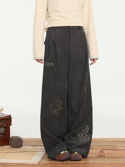 Pants Straight-leg Dark Vintage Gray Cut Animal - Embroidery Cute