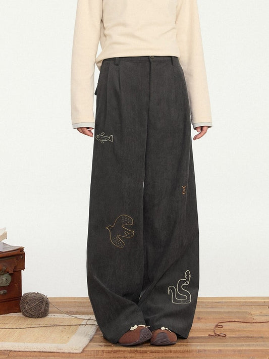 Pants Straight-leg Dark Vintage Gray Cut Animal - Embroidery Cute