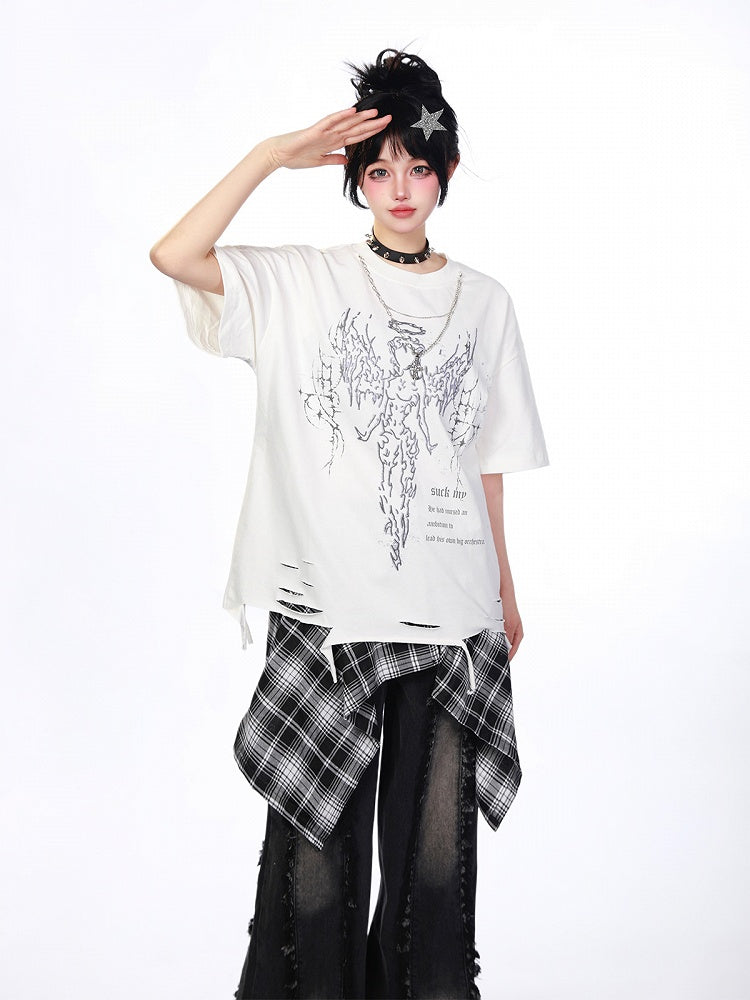 White/Black Distressed T-Shirt with Angelic Outline and Detachable Chain Cross