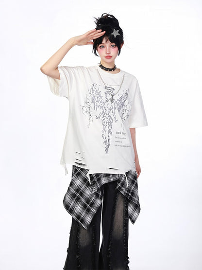 White/Black Distressed T-Shirt with Angelic Outline and Detachable Chain Cross