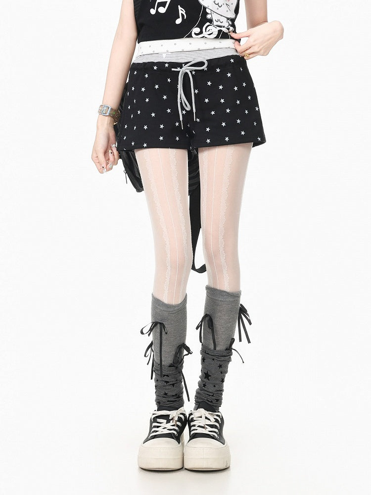 Drawstring Shorts with Star Print & Striped Waistband in Black - Languid Park