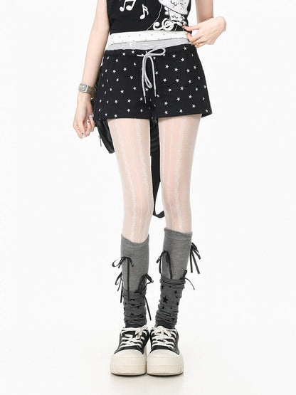 Drawstring Shorts with Star Print & Striped Waistband in Black - Languid Park