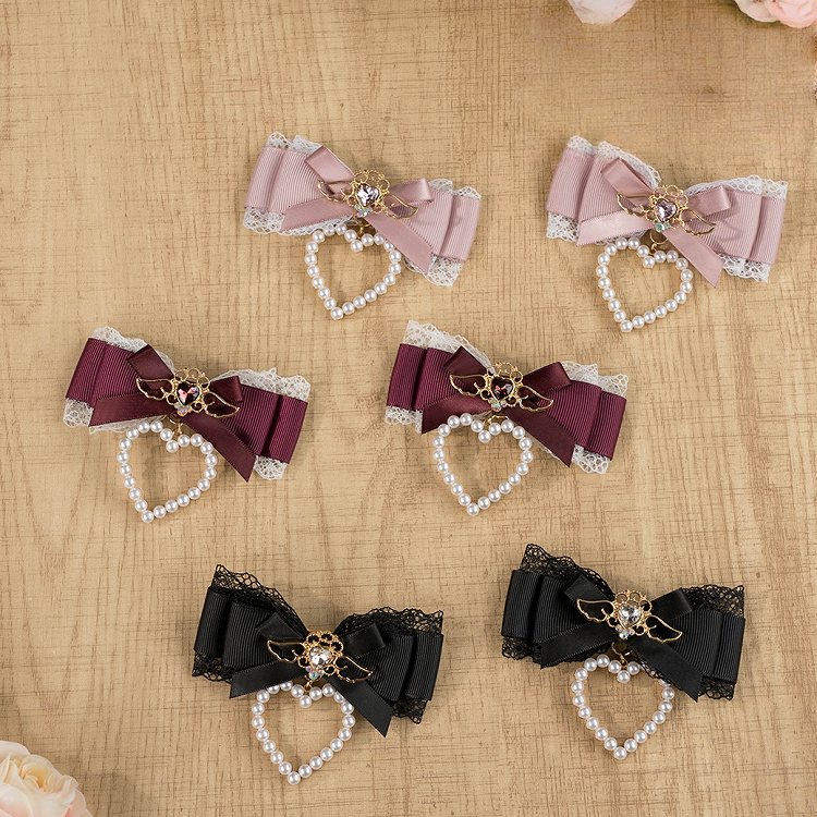 Red Pink/Wine Bow with Heart Rhinestone Angel-Inspired Jirai Lace Kei Hairclips Charms Black/Dusty
