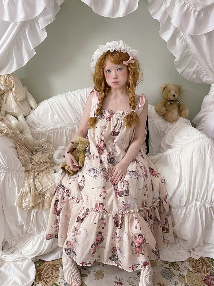 エンジェルプリントのフリル裾パジャマドレス