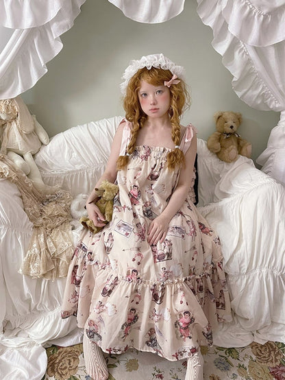 エンジェルプリントのフリル裾パジャマドレス