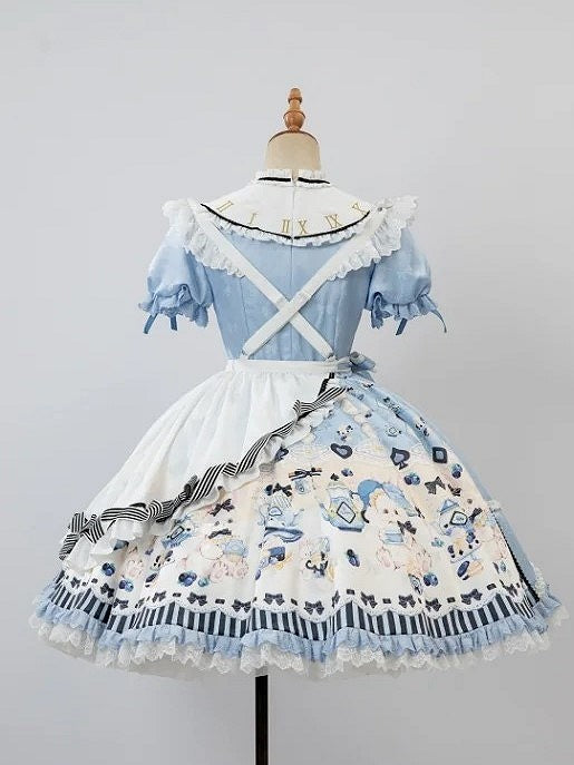 Sweet Lolita Apron Dress OP Full Set with Bunny & Teapot Print in Blue - Ying Luo Fu