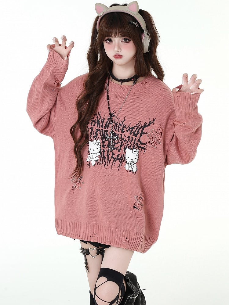 Lockerer Pullover mit Wassermelonen-Print und abgenutzten Löchern
