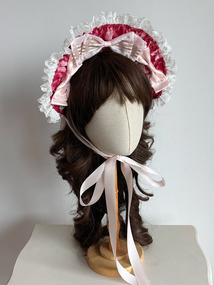 Printed Sweet Lolita Bonnet with Bows and Lace Trim - Ball Lolita
