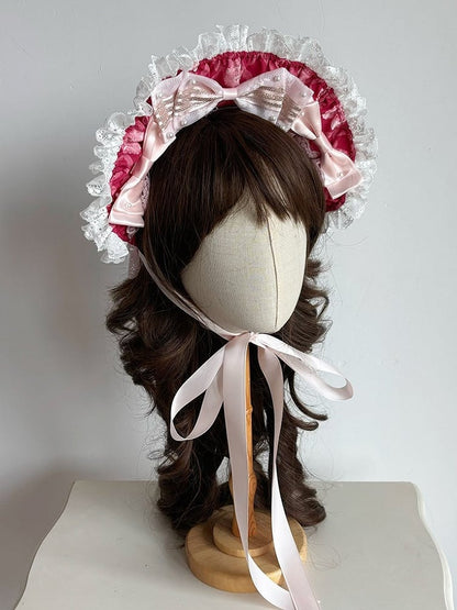 Printed Sweet Lolita Bonnet with Bows and Lace Trim - Ball Lolita