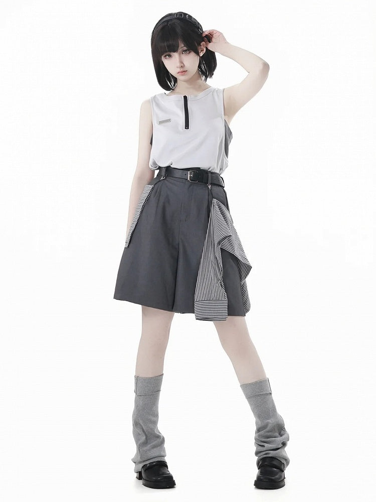 and Accessory Buckle Belt Shorts with Striped Gray Casual