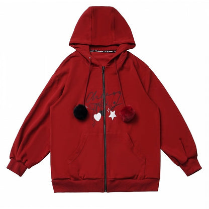 Drawstrings Zip-up with Red Plush Hoodie Pom-Pom