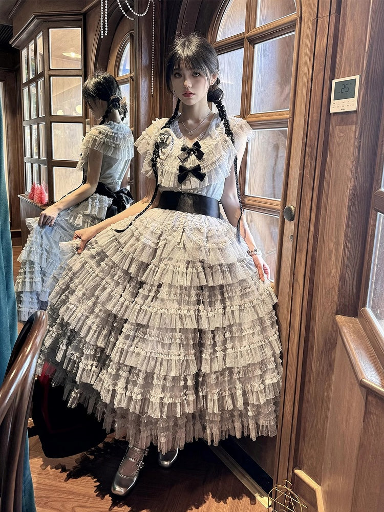 Elegant Waist + Cotton Skirt Tulle Lolita Vest Set Multi-layered Mesh Classic Gray Belt Dotted -