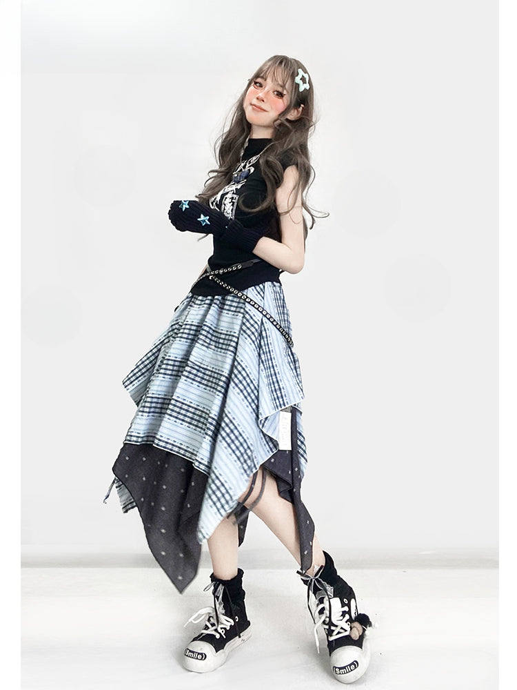 ヴィンテージダスティブルーチェック柄ハンカチ裾グラマラススカート