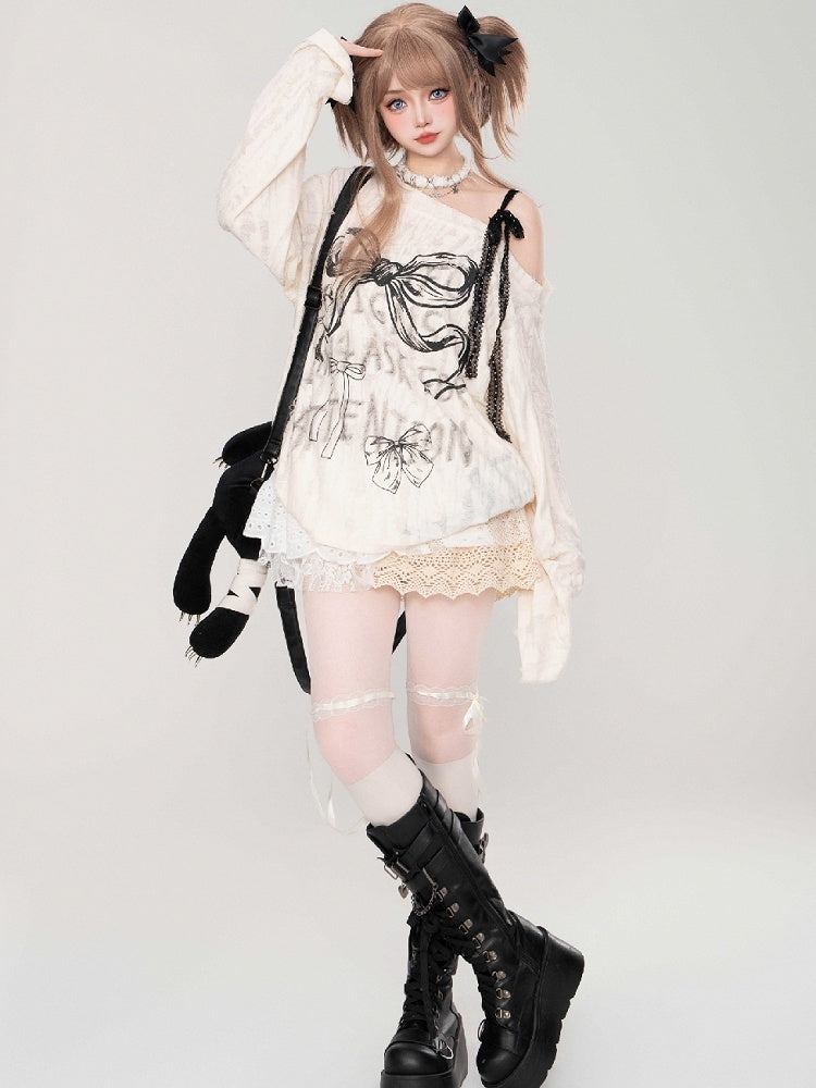 グレー/ミルクホワイト ボウコント アシンメトリーネックライン トップス