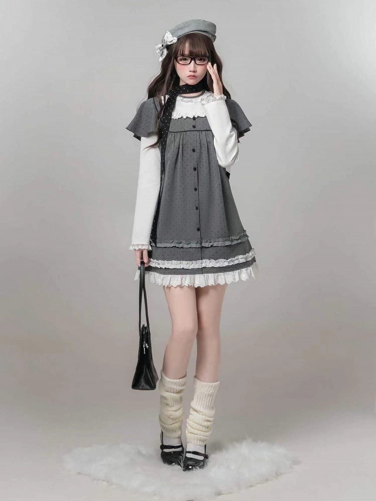 Dress Two-Piece Kei Dot Fake Sleeve Polka Jirai Ruffled Gray Long