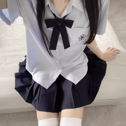 Preppy Sakura Shirt Embroidery Style White/Gray/Blue