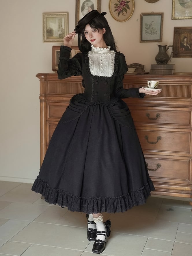 Elegant Skirt and Lolita Double-Layer Drawstring Black White