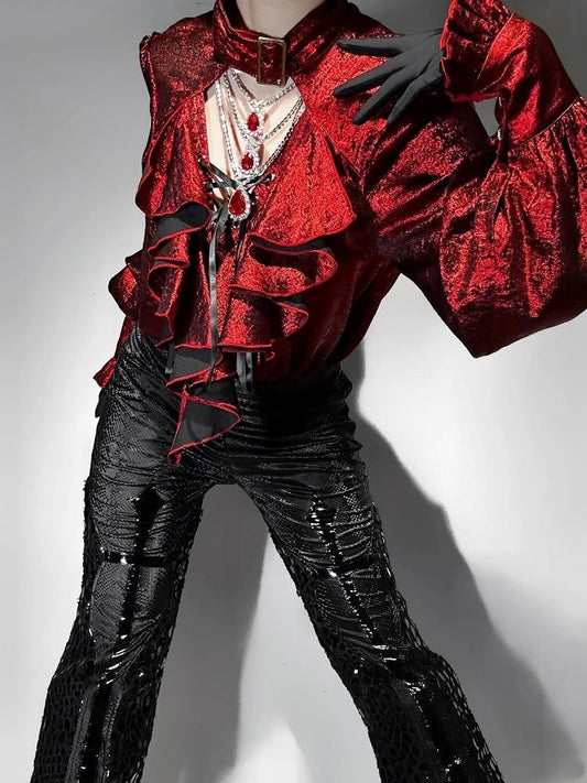 Cascading Ouji Sleeves Red Long Ruffle Pirate Lolita Shirt Bodice Vibes