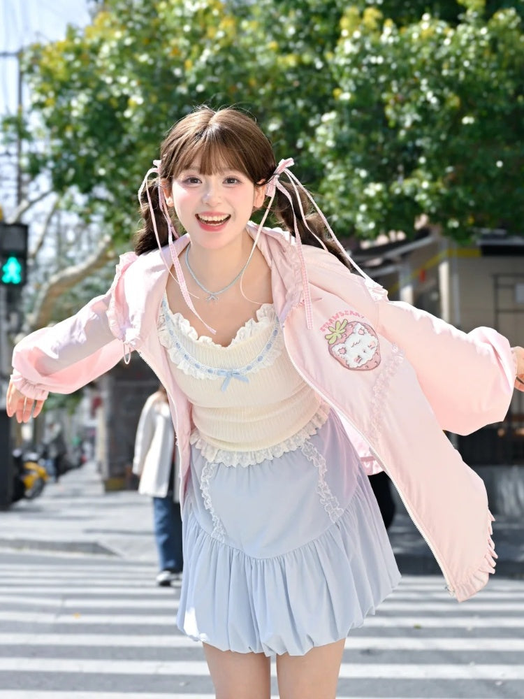 レース ゆめかわいい ピンク ストロベリーアップリケ ジャケット 蝶結び 日焼け防止 フード付き