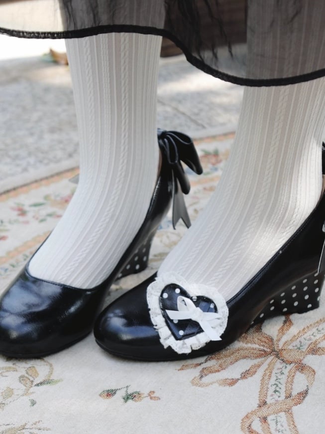 - Polka-dot Heels Heel Sweet Lolita Pattern Wedge Black