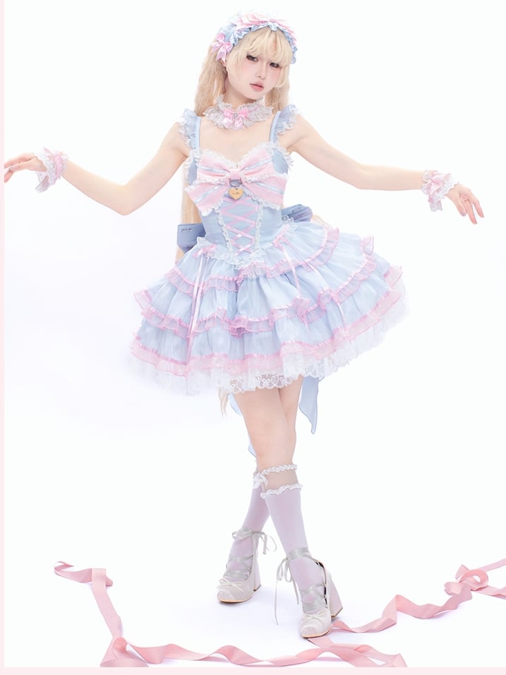Rock und rosa blauer Pulloverrock Hime Lolita-Kleid Flatterärmel gestuft