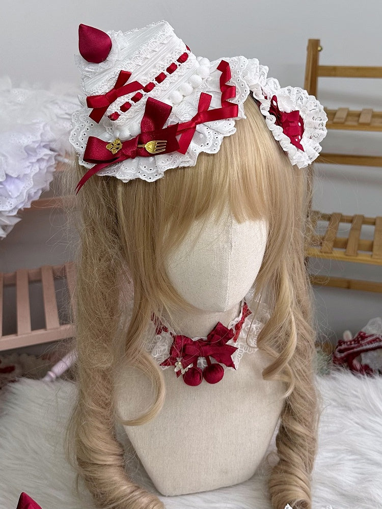 Triangle With Clips Red Mini White Hat Sweet Cake Lolita