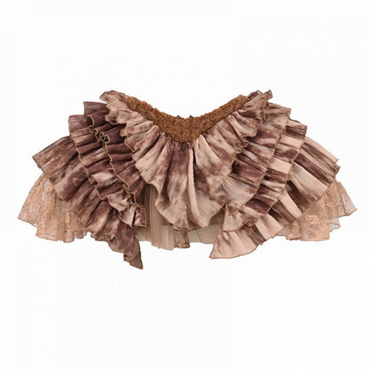 Brown Low Waist Fairy Goth Tie Dye Tiered Ruffles Skirt with Shorts Lining