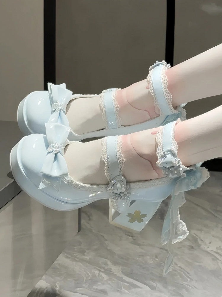 with Design Romantic Clasp in High Heels PU Openwork Lolita Sweet Floral Block Blue Heel