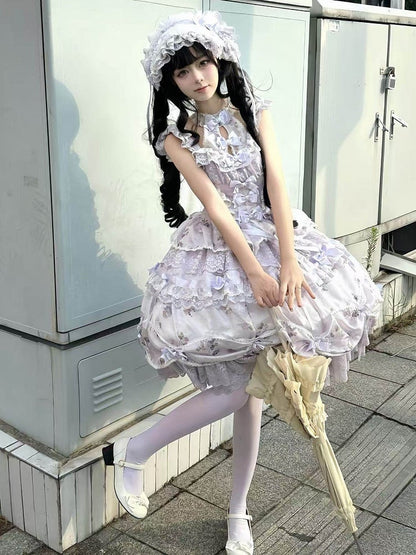 Hime Lolita Purple Dress Bows Halter with Lace Multiple Floral Neck Print Ruffles and