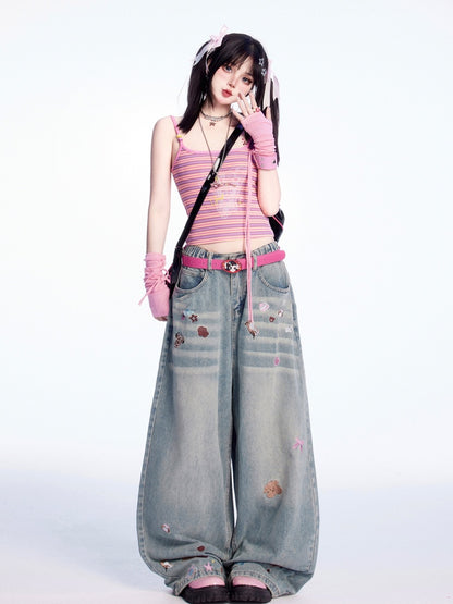 スクープトップネックライン ジンジャー/ピンクストライプ キャミソール スリムフィット